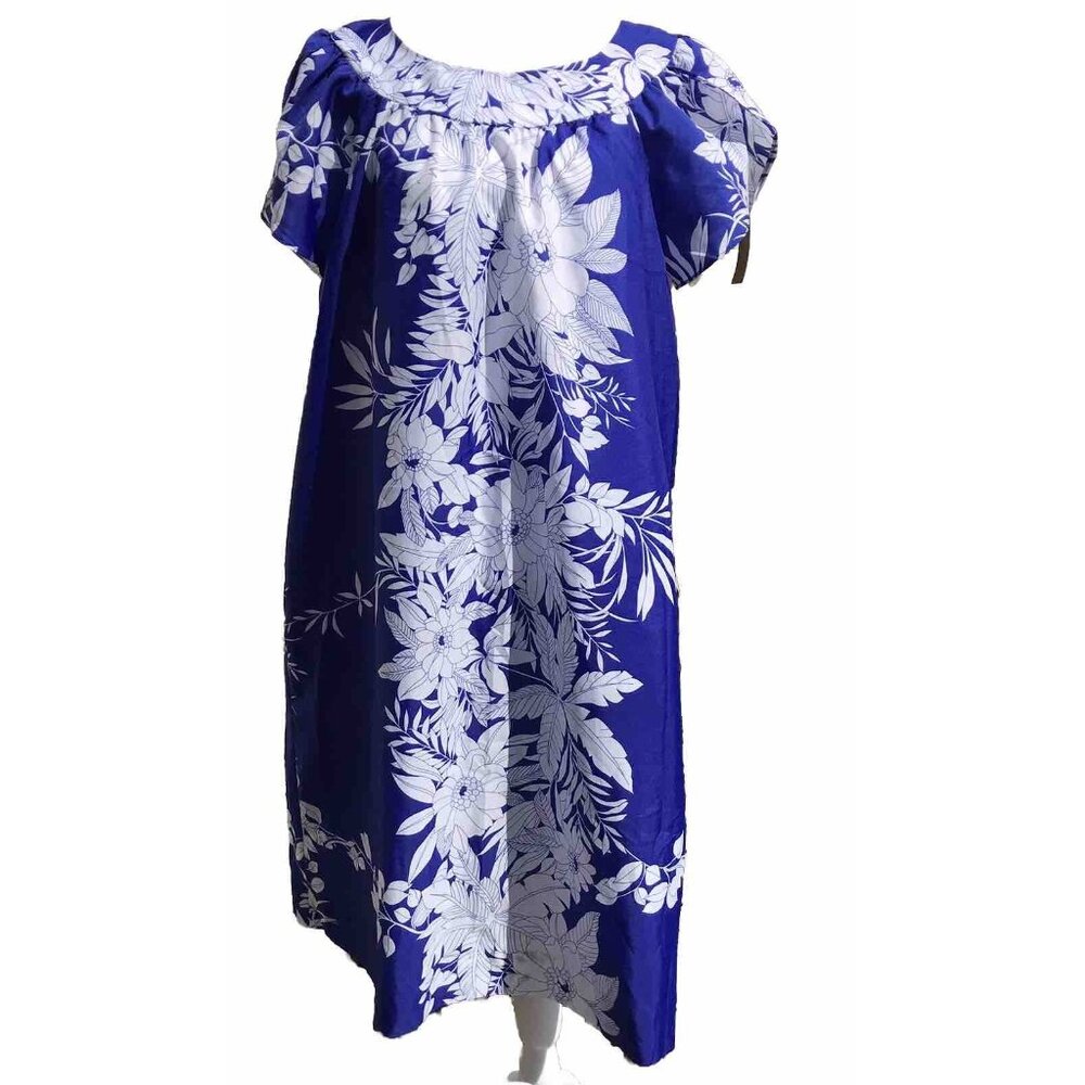 Vtg Women’s Blue M HTF Hilo Hattie Hawaiian Floral Moo Moo Dress Polyester Tiki